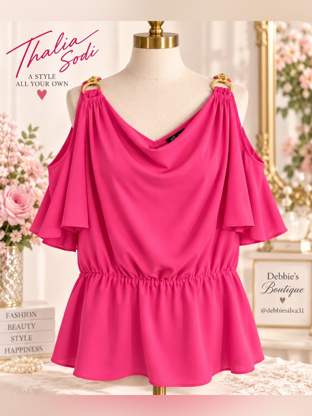 Thalia Sodi Fuchsia Cold Shoulder Flutter Sleeve Top Gold Rings L